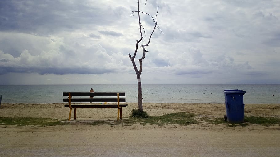 sea, beach, clouds, sky, water, land, seat, horizon, bench HD wallpaper