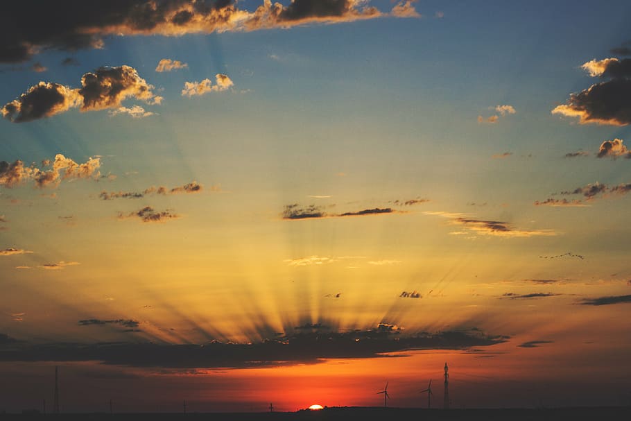 dawn, dusk, sky, sunlight, sunset, windmills, cloud - sky, beauty in nature HD wallpaper