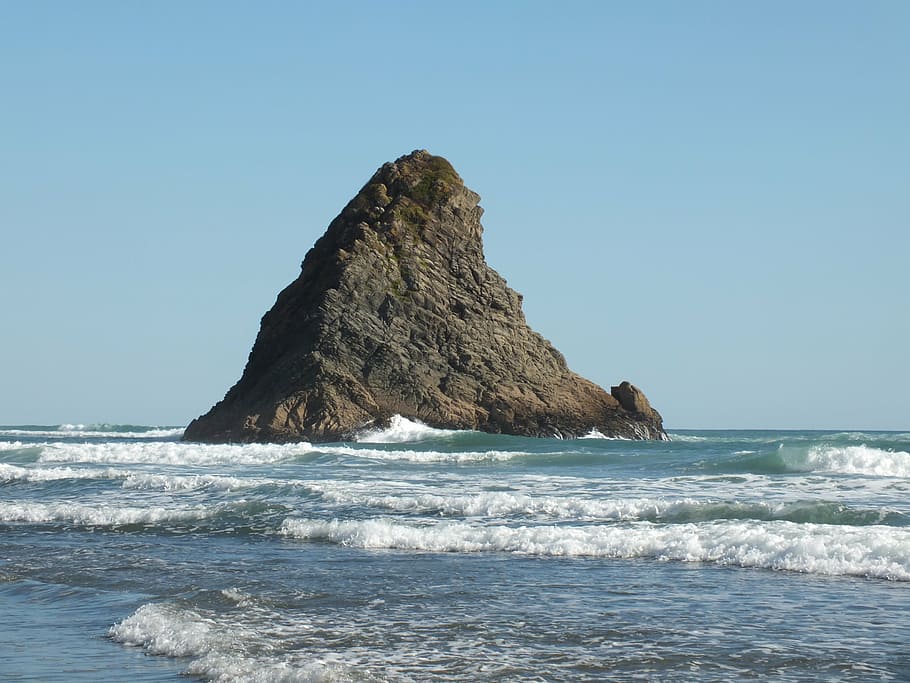 waves, sky, beach, rock, new zealand, sea, ocean, coastline HD wallpaper