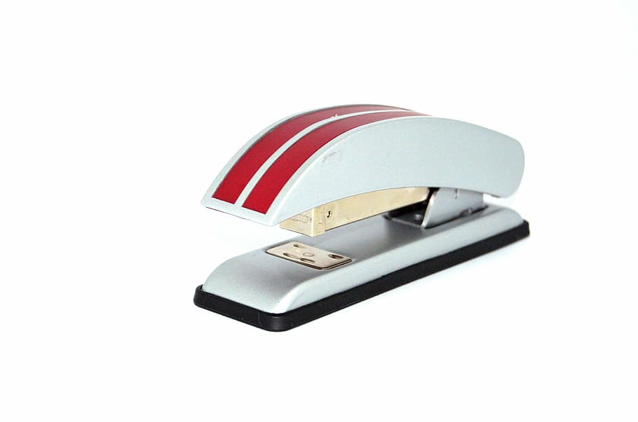 white and red stapler on white surface, office, paper, work HD wallpaper