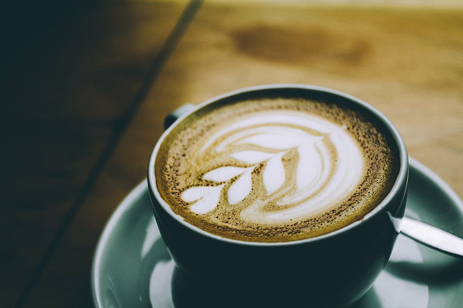 coffee latte inside teal teacup with saucer, bean, seed, brown HD wallpaper