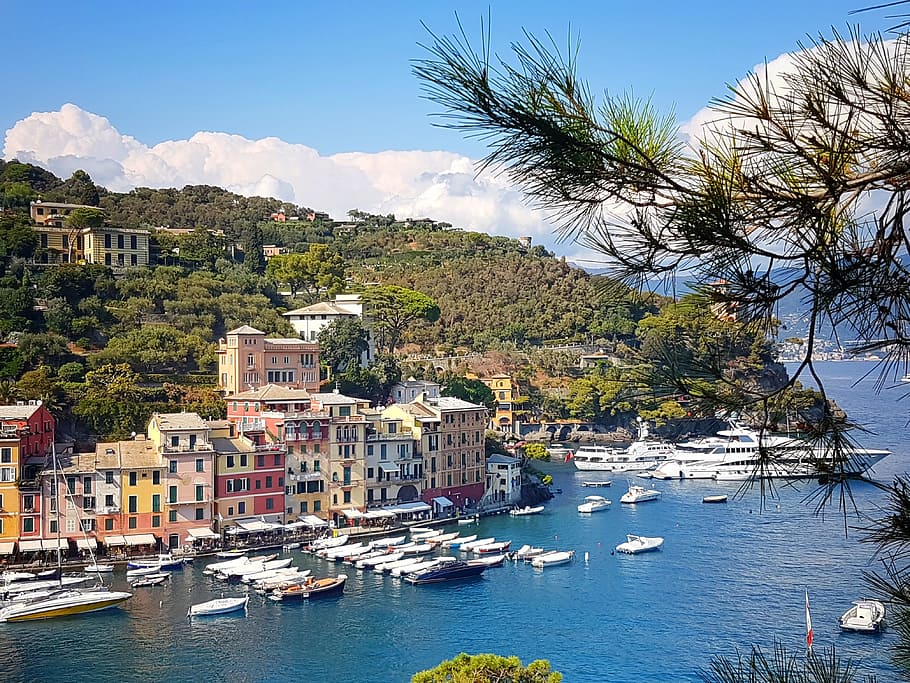 portofino, italy, riviera, sea, blue sky, ocean, vacation, colorful, HD wallpaper