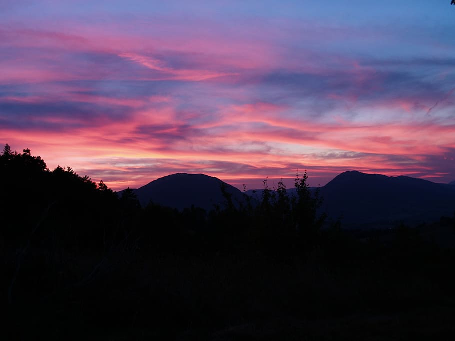 Sunset, Mountains, burning sky, landscape, clouds, silhouette HD wallpaper