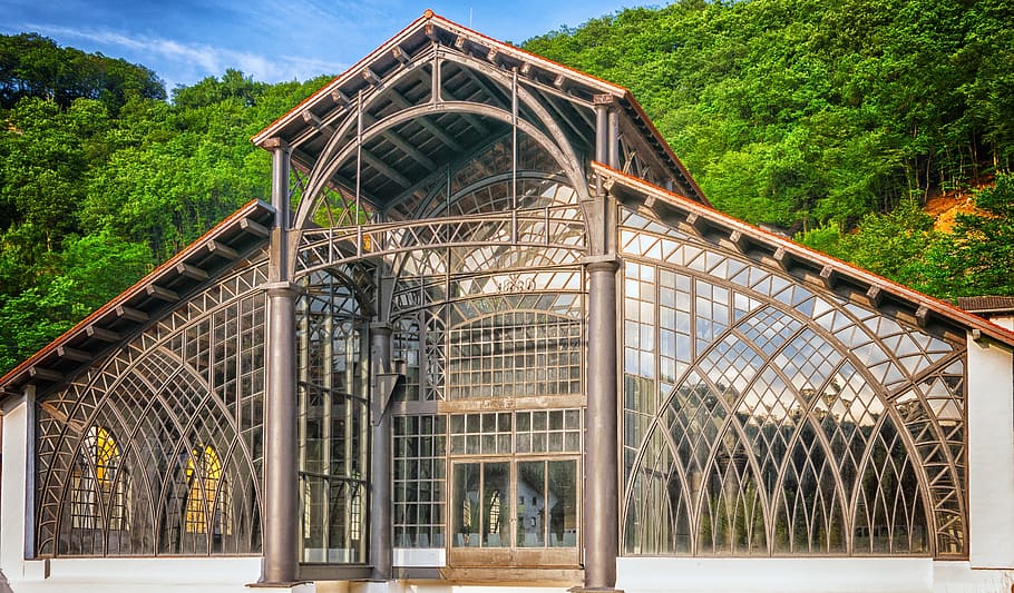 glass house near mountain, building, hall, architecture, modern HD wallpaper