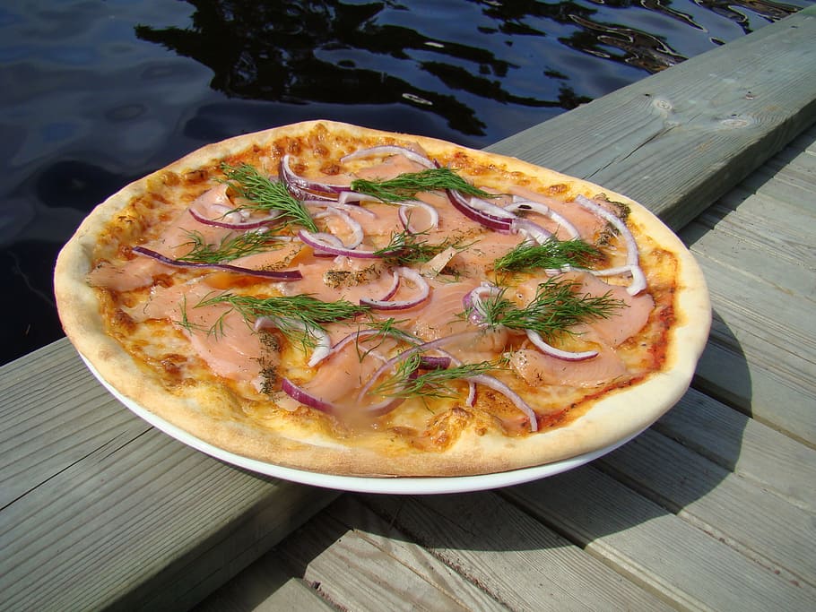 pizza, salmon, mat, food, dinner, meal, cheese, gourmet, baked HD wallpaper