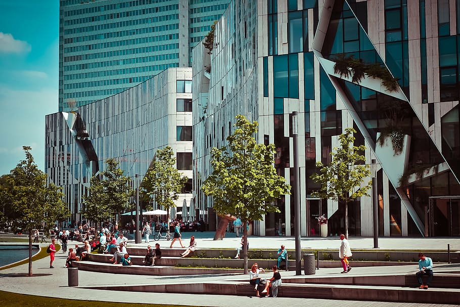 group of people in front of glass building, architecture, modern HD wallpaper