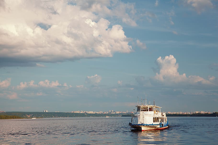 river, sunset, ship, sky, travel, clouds, sunset sky, landscape HD wallpaper