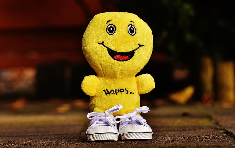 yellow emoji plush toy, smiley, laugh, sneakers, funny, emoticon, HD wallpaper