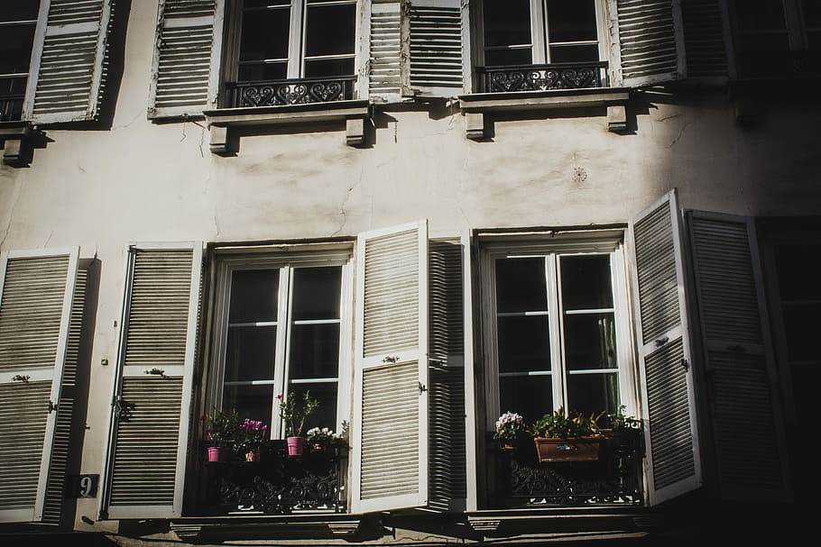 opened white wooden louver windows on white building, opened white wooden windows HD wallpaper