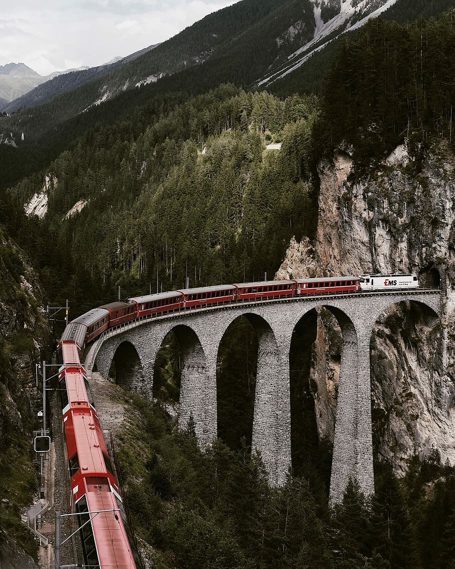 Landwasser Viaduct, red and white train on concrete bridge, railway HD wallpaper