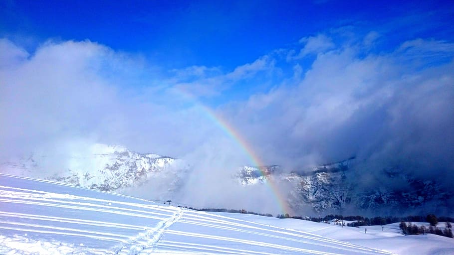 rainbow, winter, snow, mountain, cloud - sky, cold temperature HD wallpaper