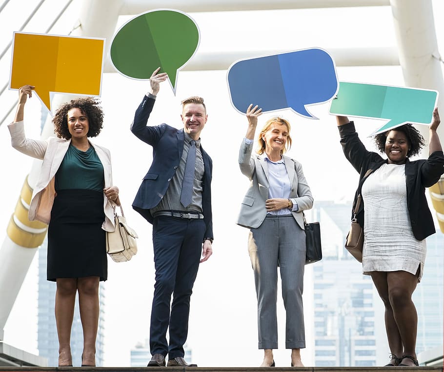 four person standing under white arc, woman, group, office, teamwork