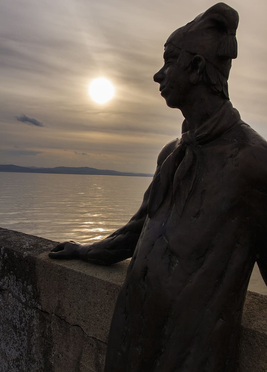 sunset, statue, lake constance, bronze, port, spiritual, figure HD wallpaper