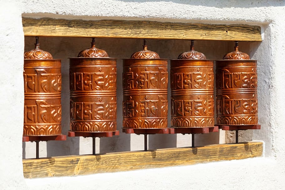 five brown metal containers on wall, asia, buddhism, culture, HD wallpaper
