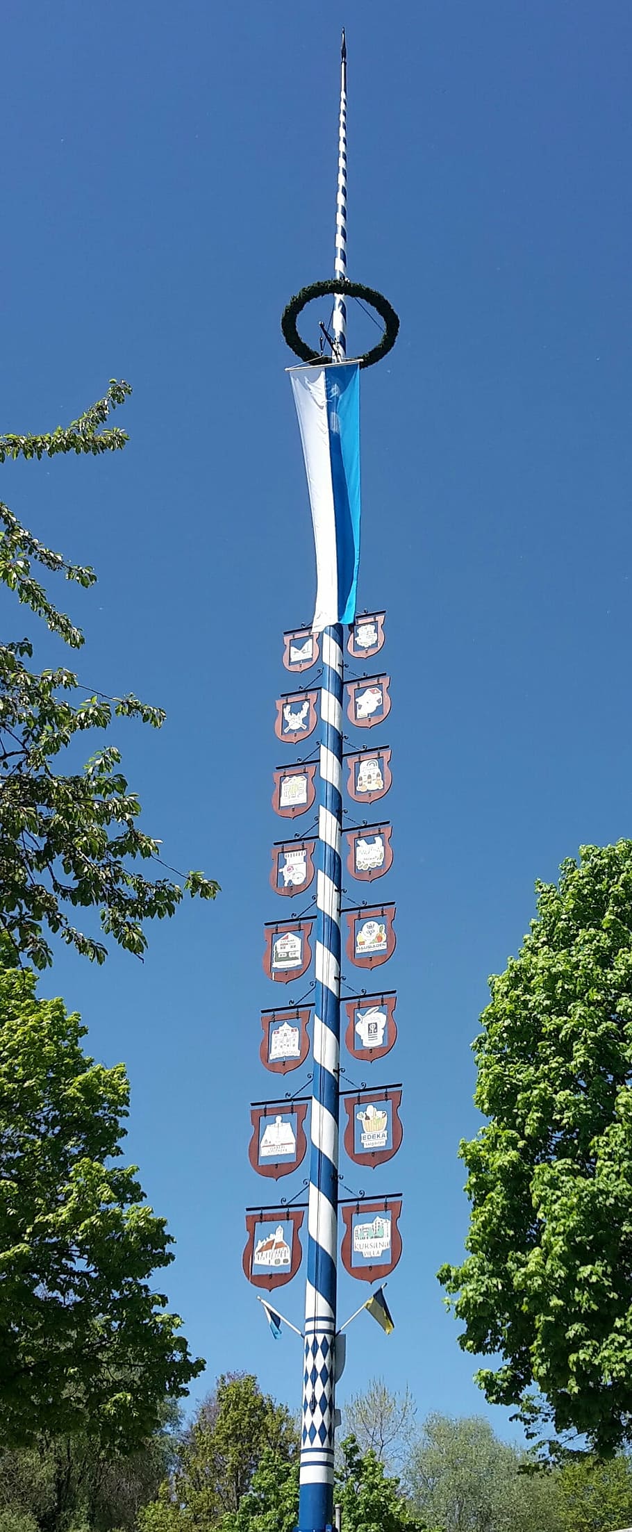 maypole, bavaria, blue white, sky, low angle view, tree, plant HD wallpaper