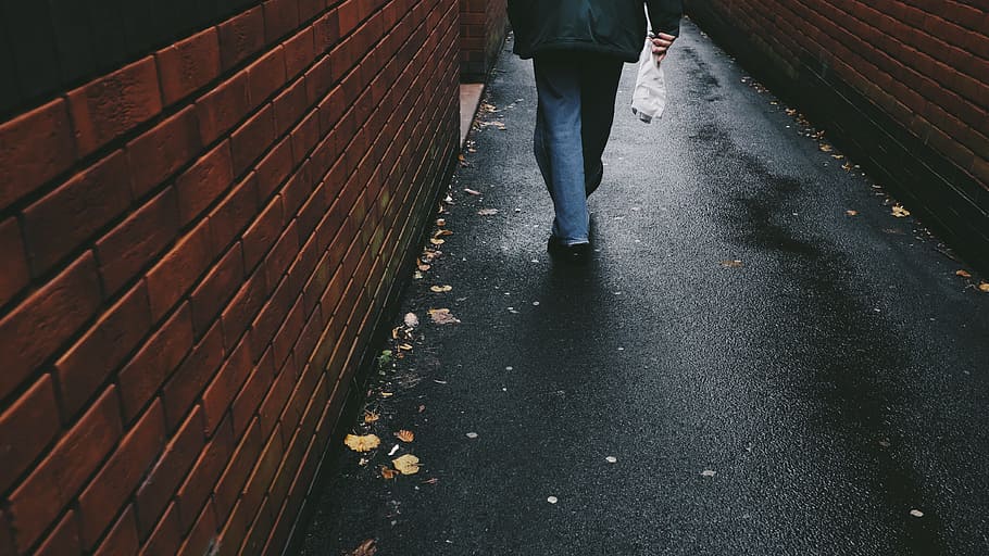 person walking on black-paved alley, person walking on black concrete road HD wallpaper