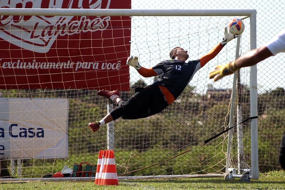 football, goalkeeper, sport, full length, mid-air, human arm, HD wallpaper