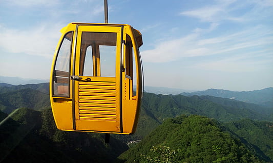 Ropeway, Yellow, Distant, Hills, Ecology, distant hills, tourism HD wallpaper