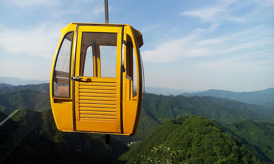 Ropeway, Yellow, Distant, Hills, Ecology, distant hills, tourism HD wallpaper