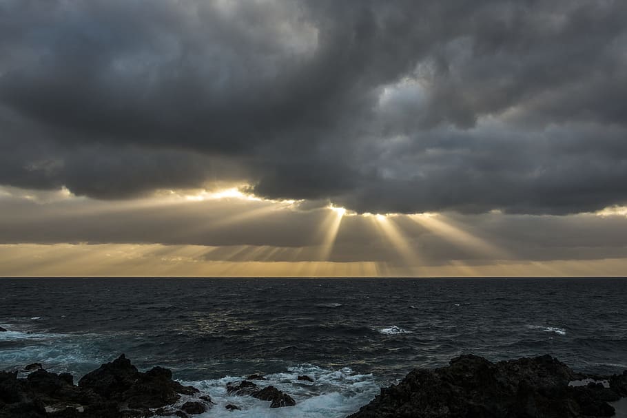 clouds, sun, sea, sunrise, rays, nature, sunbeam, light, sky HD wallpaper