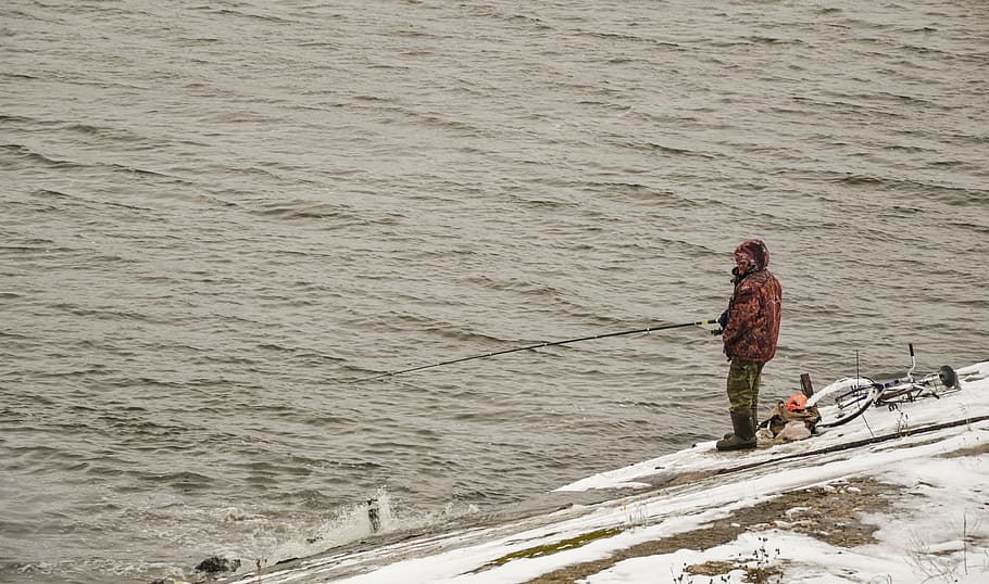 fishing, man, river, rod, volga, snow, winter, hobby, vacation, HD wallpaper