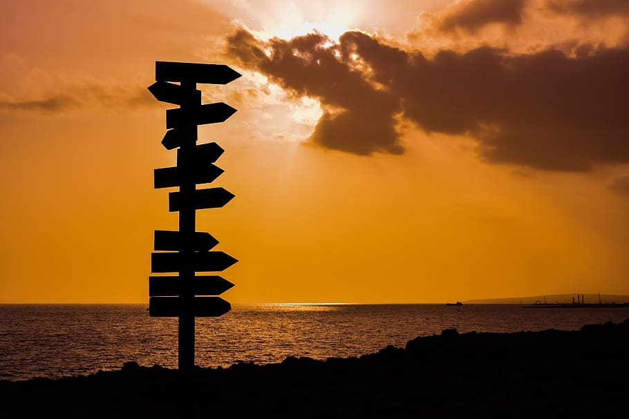 silhouette photography of wooden road signage, signs, sunset HD wallpaper