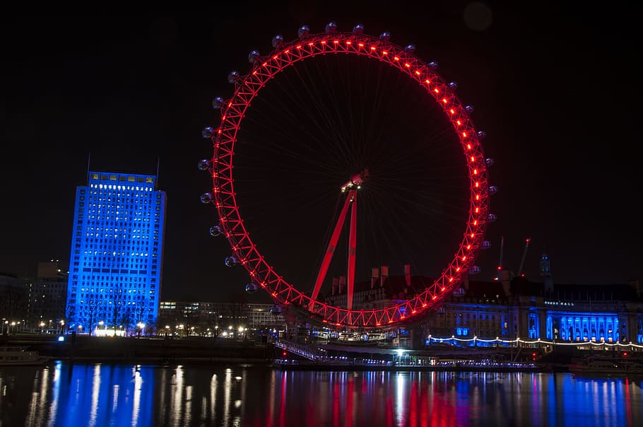 London Eye, London, night, city, river, thames, england, landmark