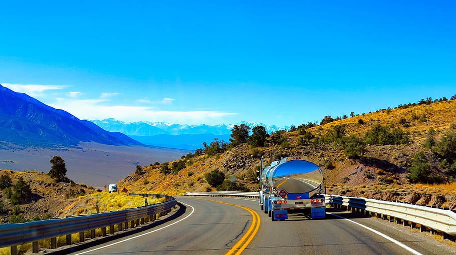 tank trailer passing through mountain, usa, way, landscape HD wallpaper
