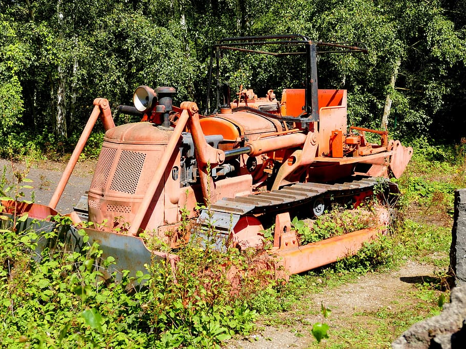 excavators, oldtimer, rarity, vehicle, plant, tree, nature HD wallpaper