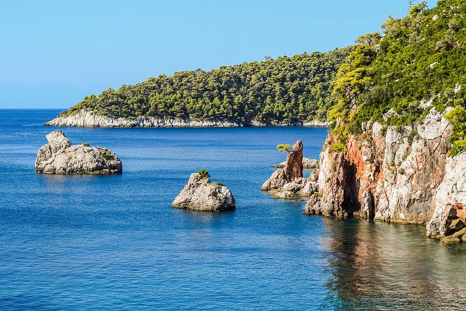greece, skopelos, stafylos, landscape, coast, rocks, sea, island, HD wallpaper