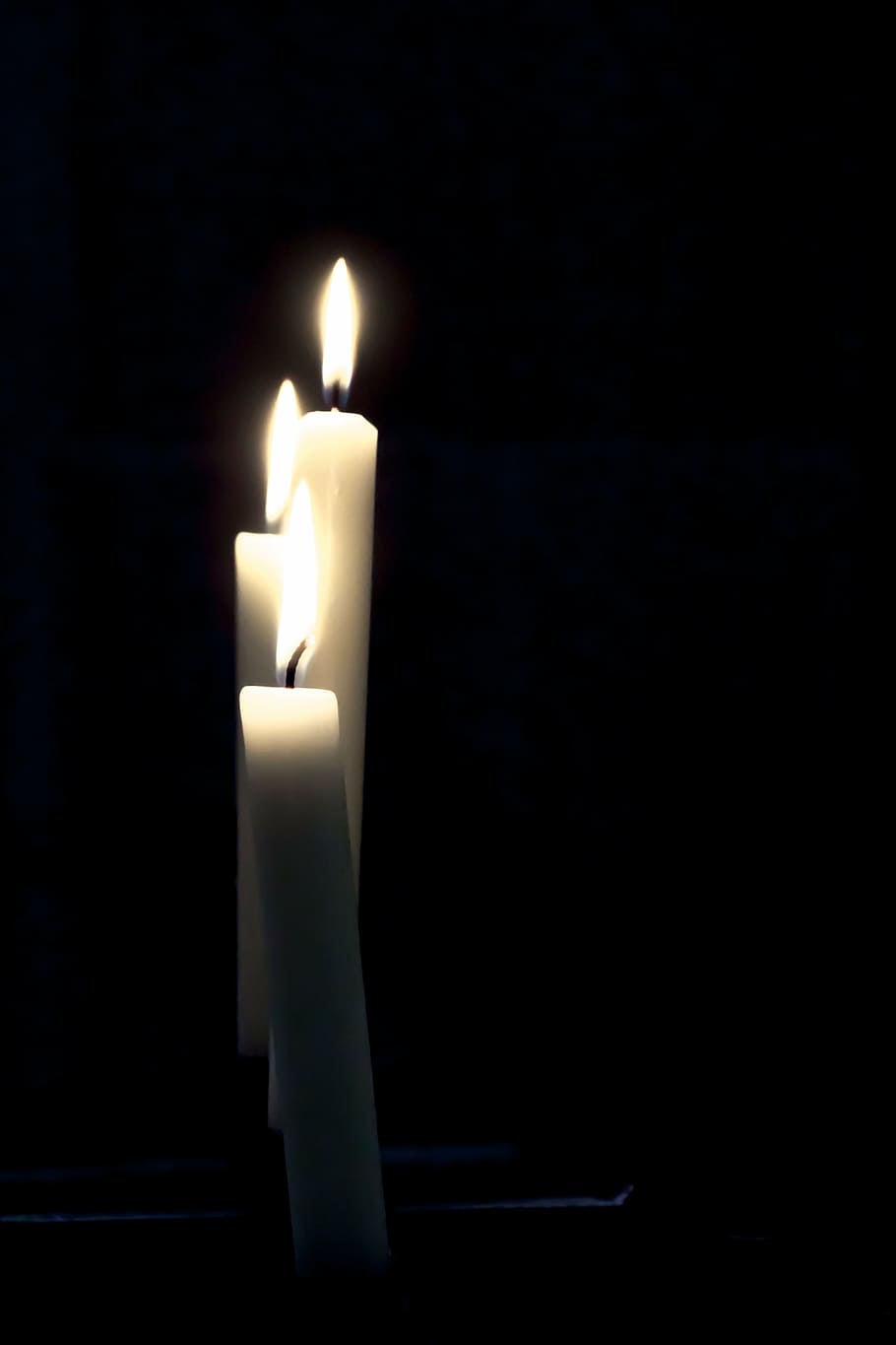 three lighted white taper candles, mourning, candlelight, memory, HD wallpaper