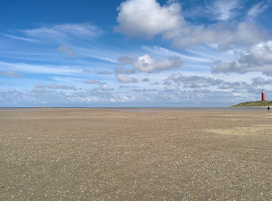 texel, lighthouse, sea, beach, ebb, sky, cloud - sky, land HD wallpaper