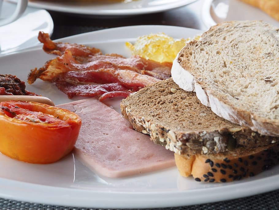 breakfast, bread, bacon, sausage, caucasian cuisine, foodstuff HD wallpaper