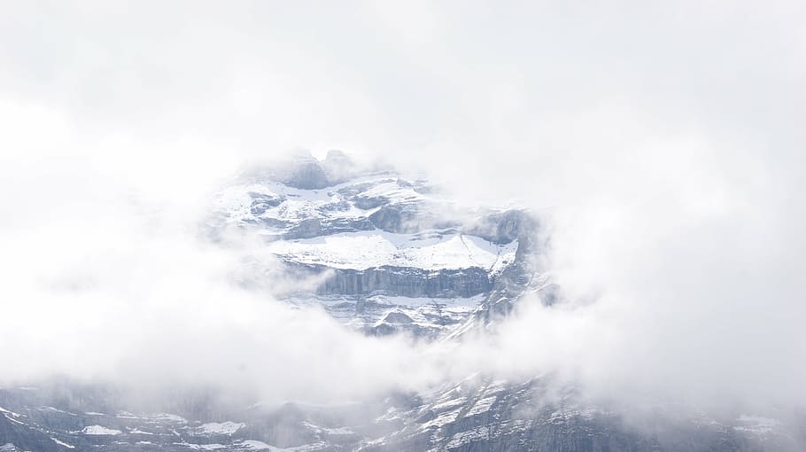 mountain, eiger, switzerland, rock, snow, fog, sky, clouds HD wallpaper