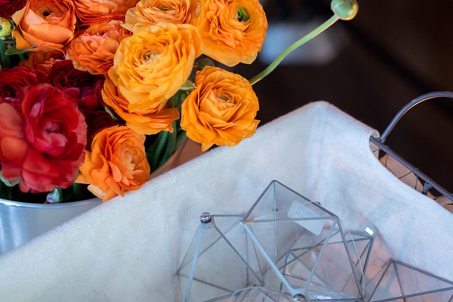 orange and red rose arrangement, orange and red roses beside white tray HD wallpaper