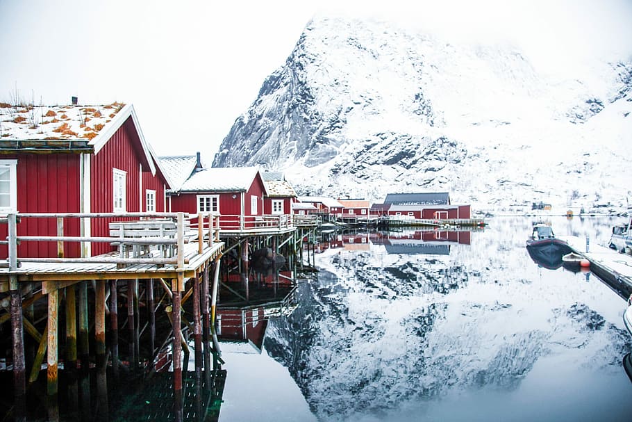 house on body of water near mountain alps, red and white wooden house on top of body of water HD wallpaper