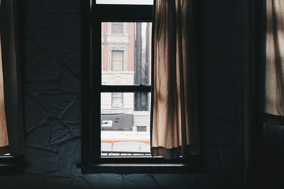 brown window curtain beside black wooden sash window, clear glass window showing brown house during daytime, HD wallpaper