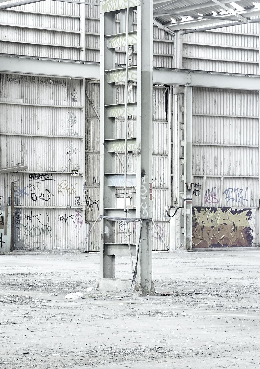 gray metal warehouse, loft, beam, structure, ladder, industry HD wallpaper