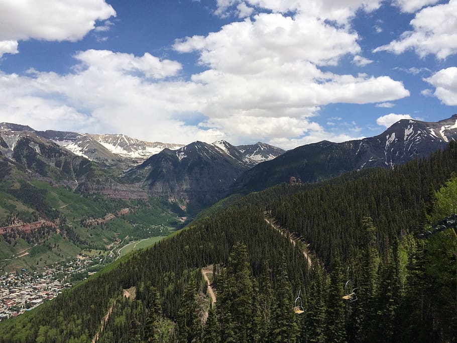 mountains, sky, valley, trees, landscape, clouds, cloudy, nature HD wallpaper