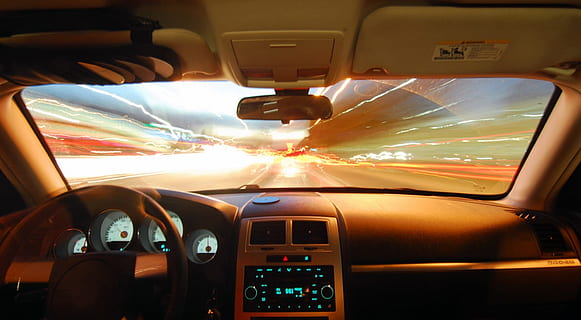 view from inside of car, cockpit, driving, night, evening, long HD wallpaper