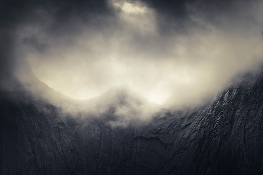 aerial view of volcano crater, foggy mountain, rock face, cloud HD wallpaper