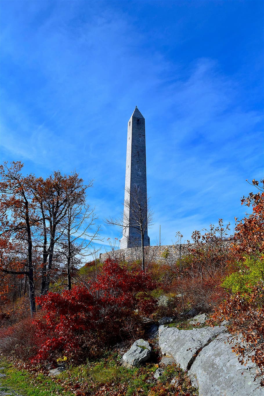 park, trees, nature, monument, foliage, red, autumn, fall, season HD wallpaper