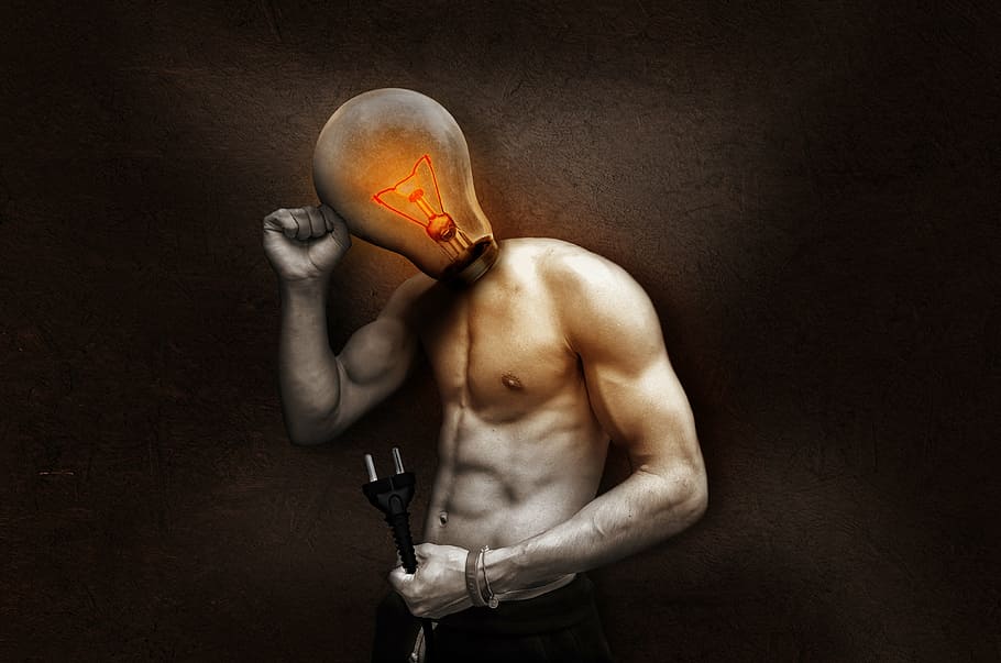 man with bulb head holding 2-prong cable, light bulb, current, HD wallpaper
