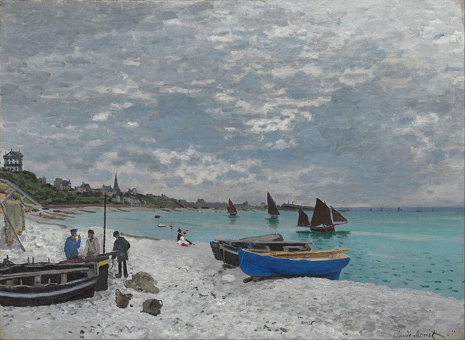 three men standing beside boat on seashore painting, claude monet HD wallpaper
