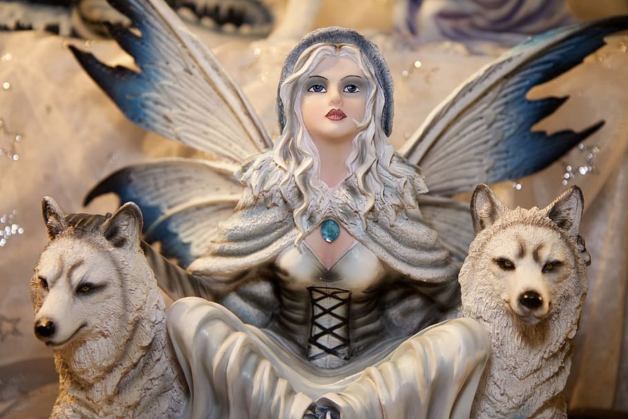 female fairy with two wolves figurine, Fee, Figure, Mythical Creatures HD wallpaper