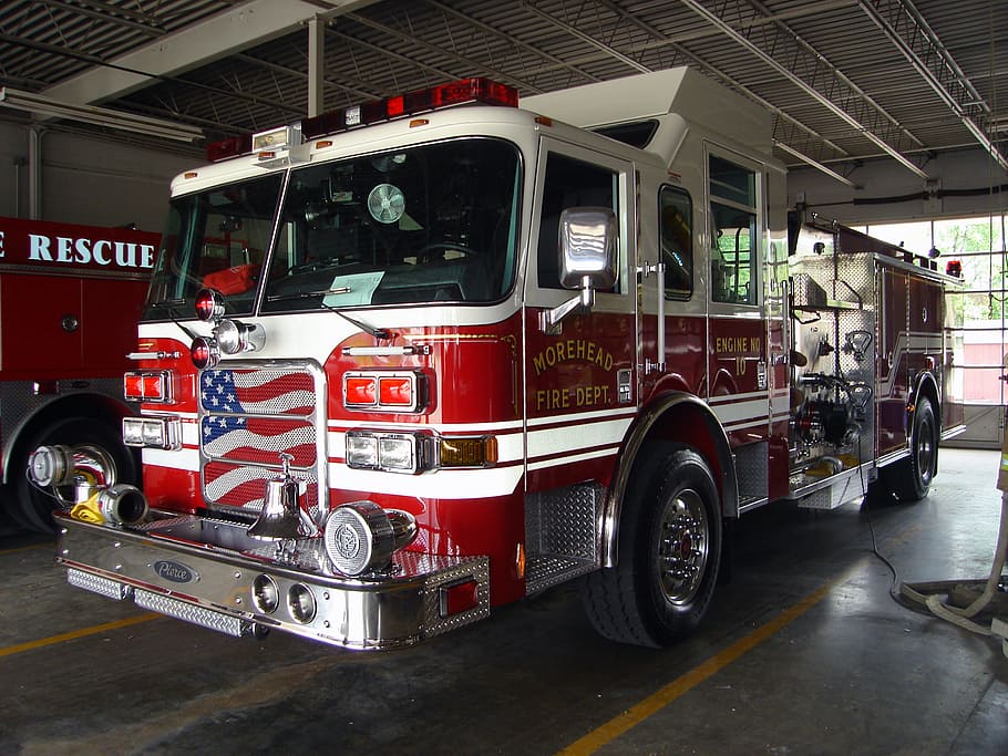 Morehead firetruck parked inside garage, engine, vehicle, station HD wallpaper