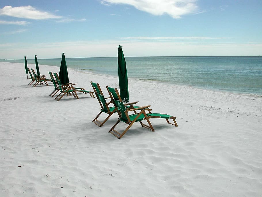 six brown-and-green folding loungers on beach, Chairs, Leisure, HD wallpaper