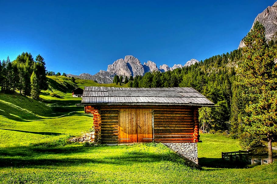 brown wooden shed on grass field beside mountain, val gardena, HD wallpaper