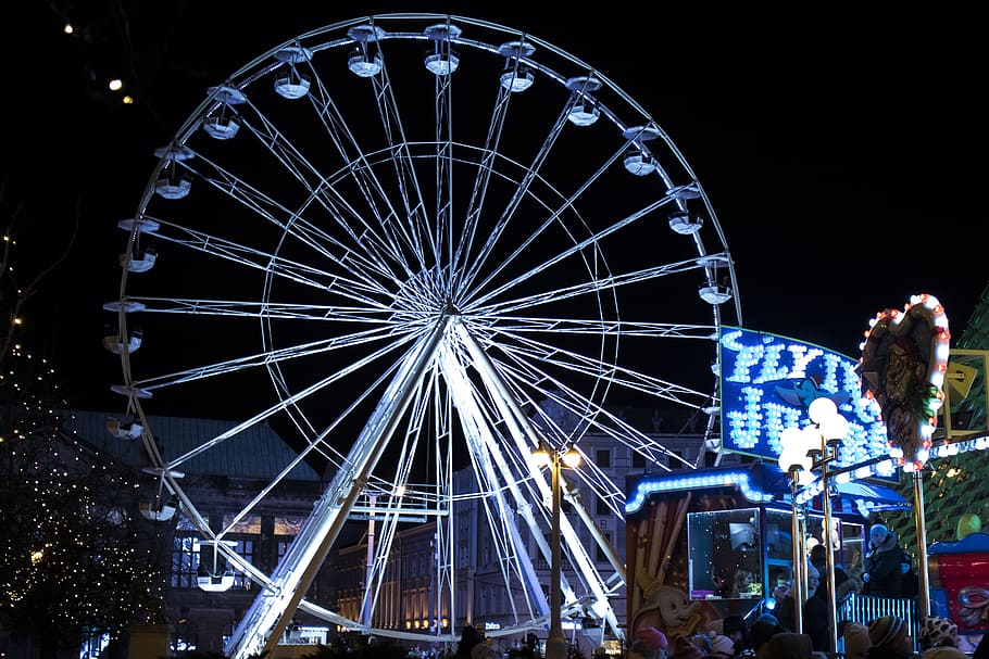 White Lighted Ferris Wheel in Amusement Part, amusement park, HD wallpaper
