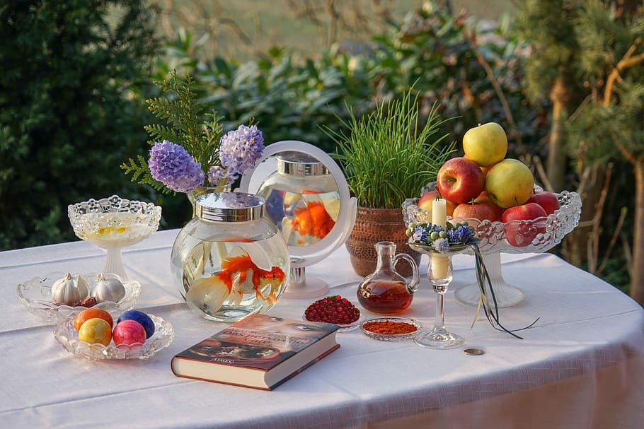 clear glass bowls, iranian new year, persian new year haft, traditional panel, HD wallpaper